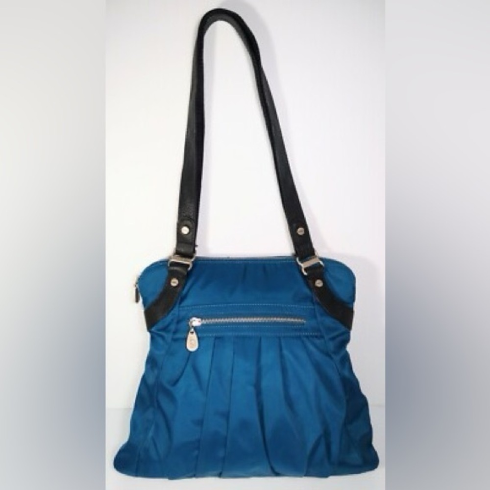 Bagallini Audrey Teal Peacock Blue Pleated Nylon Shoulder Bag